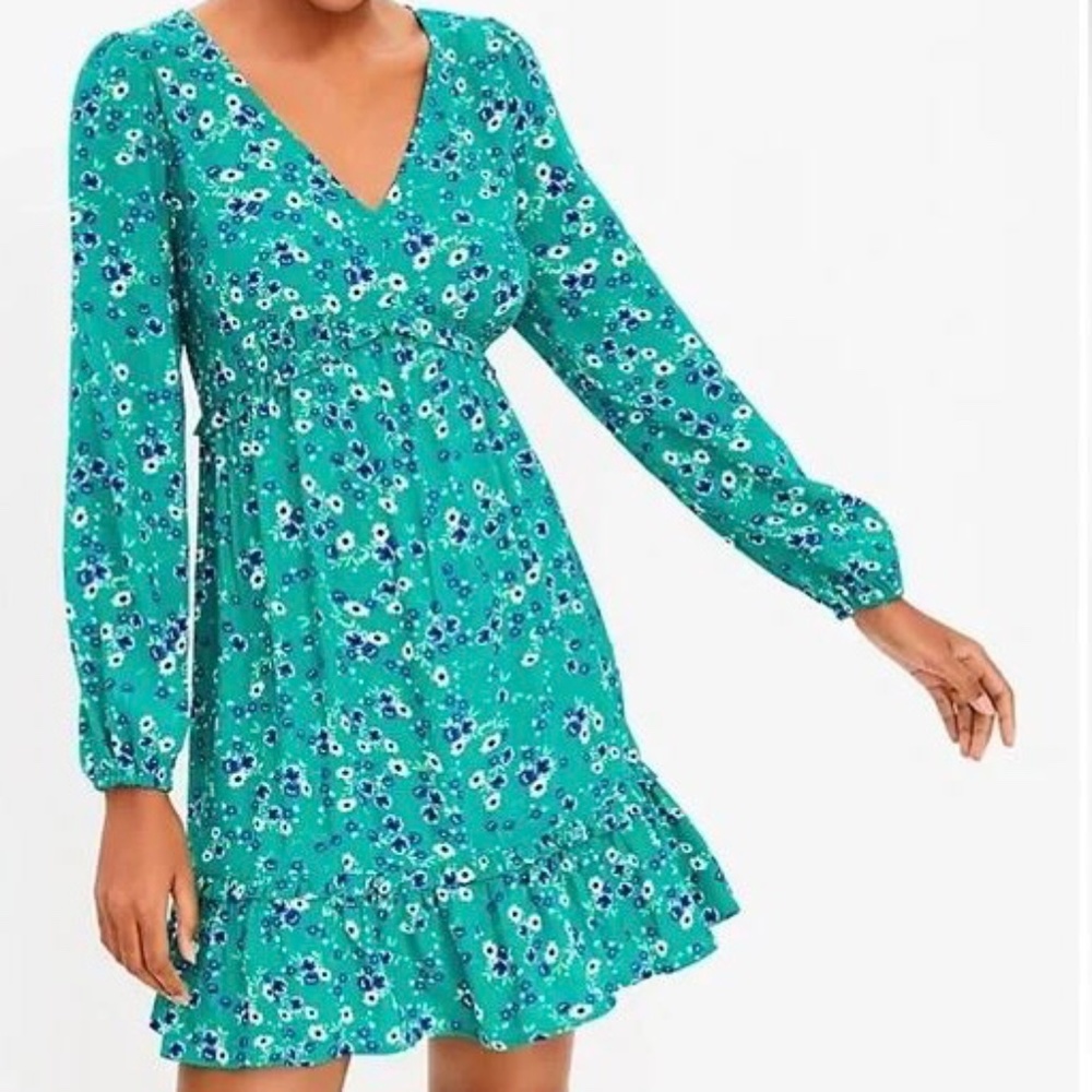 NEW LOFT Petite Floral Ruffle V-Neck Swing Dress Size 00P